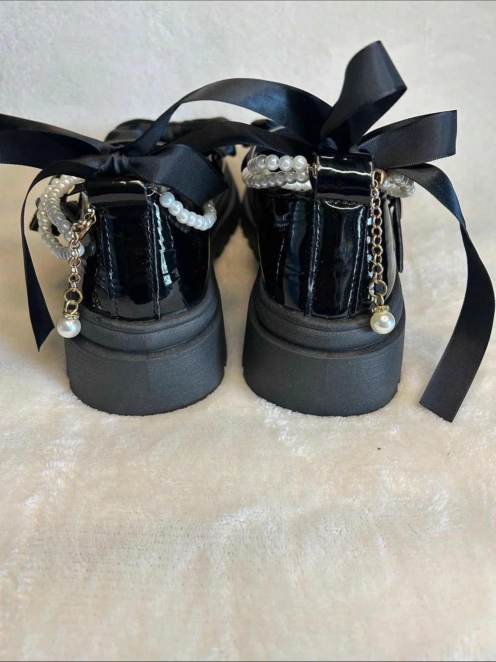 Black Patent Mary Jane Lug Sole Platform Shoe Pearl Ankle Strap Bows Women 37 EU